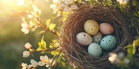 Springtime decorative background featuring a nest with pastel speckled eggs surrounded by blooming flowers, captured from a top-down perspective.