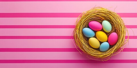 Vibrant pastel eggs in a bright yellow nest on a cheerful pink striped background celebrating Easter Aerial view with pink and yellow tones