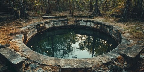 Ancient pond surrounded by weathered stone structures amidst lush greenery featuring a reflective surface and ample space for text or inscriptions