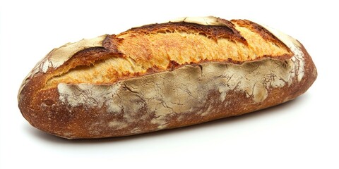 Artisan bread loaf with a golden crust displayed on a clean white background, highlighting the rustic texture and shape of the bread.