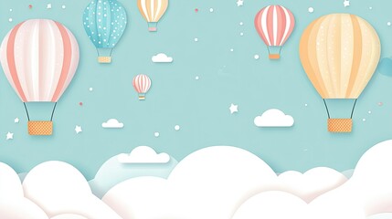 Hot air balloon festival with balloons in varying colors and patterns, room for text above