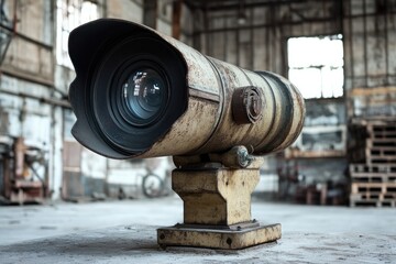 Fototapeta premium Large, vintage camera lens positioned in an industrial setting,