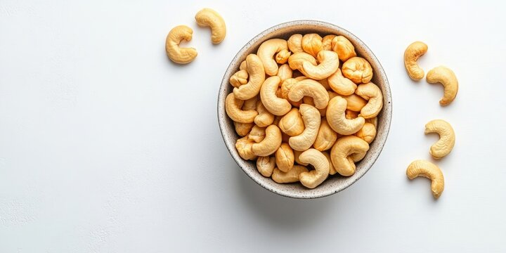 Bowl of roasted cashew nuts on a white background with scattered cashews featuring a light beige color and centered composition.