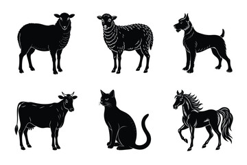 Animal silhouettes set. Domestic animals vector illustration