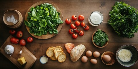 Fresh breakfast ingredients including spinach, tomatoes, eggs, and bread arranged artistically on a rustic wooden table illuminated with natural light.