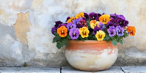 Ceramic pot overflowing with colorful pansy flowers in vibrant purple, yellow, and orange against a textured stone wall, outdoor garden ambiance.