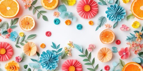 Vibrant summer floral decorations featuring orange slices pink and blue paper flowers and greenery arranged on a bright white background