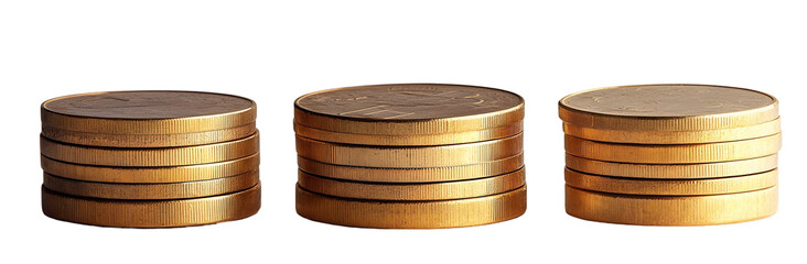Stacks of Gold Coins, Currency Savings, Financial Growth, Wealth Accumulation, Isolated on White Background.