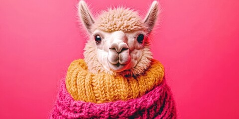 Llama wearing a pink and yellow sweater