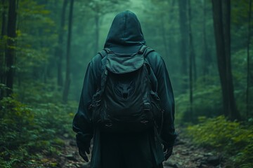 Hooded figure hiking in misty forest.