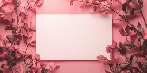 Botanical themed wedding invitation mockup with delicate pink paper background surrounded by soft pink and burgundy leaves positioned around edges