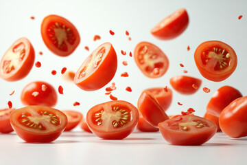 Fototapeta premium Tomatoes falling into the air at a bustling market stall, creating a vibrant red splash against a backdrop of fresh produce and busy shoppers.