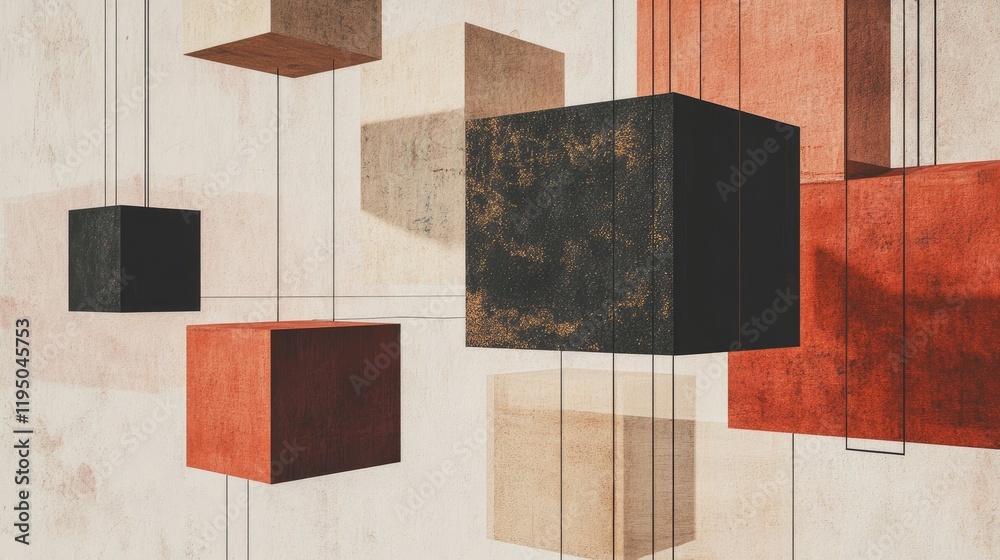Poster Floating cubes and vertical lines in an abstract geometric composition, combining depth, modern aesthetics, and minimalist design.
