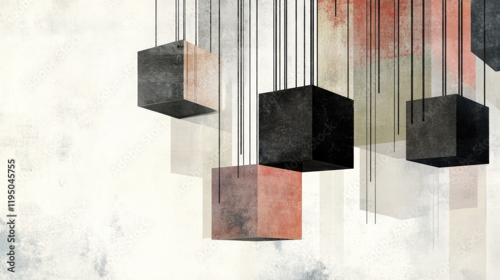 Poster Floating cubes and vertical lines in an abstract geometric composition, combining depth, modern aesthetics, and minimalist design.