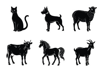 Animal silhouettes set. Domestic animals vector illustration