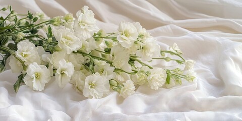Delicate white flower bouquet atop soft white muslin fabric creating an elegant composition with abundant copy space for text or branding.