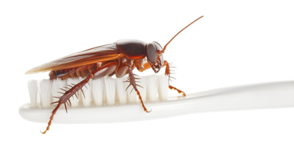 cockroach on toothbrush isolated on white background