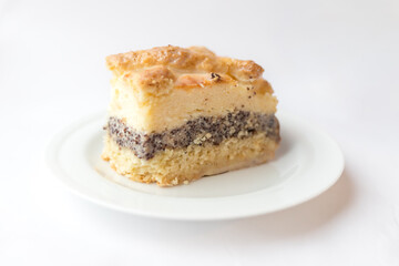 A piece of cottage cheese casserole on a plate pie with poppy seeds on the white background. Syrnik, quark pie. Traditional cake. Ready to eat. Cooking concept