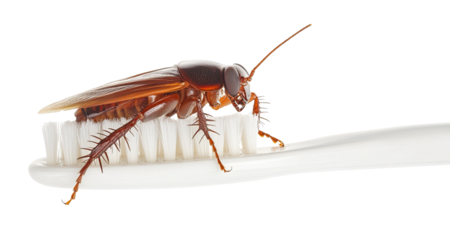 cockroach on toothbrush isolated on white background