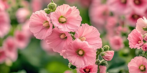 Obraz premium Delicate pink hollyhocks with lush green foliage in a vibrant botanical garden creating a serene and colorful floral backdrop.