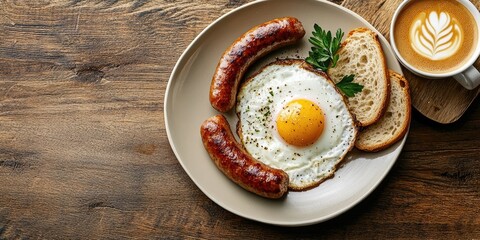 Delicious breakfast plate with a fried egg, sausage, and bread on a beige dish, alongside a cappuccino, arranged for top view with space for text.
