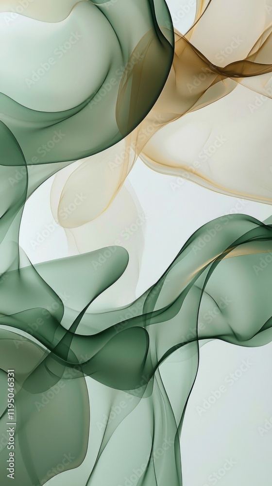 Poster a captivating display of flowing organic shapes unfolds, showcasing a palette of pastel sage and del