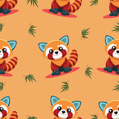 Cool red panda smiling brightly Sitting cute, big eyes, bright, fresh orange background.Vector seamless pattern.