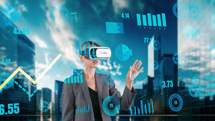 Woman searching dynamic data using hand sliding graph analysis by VR of future global innovation interface digital infographic network technology virtual hologram animation building view. Contraption.