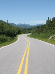 Naklejka premium A winding road meanders through vibrant greenery, with towering mountains rising in the distance, all under a brilliant blue sky on a beautiful sunny day