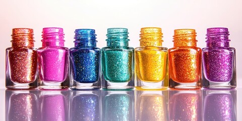 Colorful glittery nail polish bottles in vibrant pink blue green gold orange arranged in a straight line on reflective surface with soft gradient background