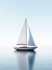 Fototapeta premium A sailboat gracefully glides over the serene waters, its clean and geometric sail standing out against the tranquil backdrop of a clear sky and distant horizon