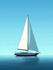 Fototapeta premium A sailboat gracefully glides over tranquil waters, the sun shining brightly and a clear blue sky overhead, creating a perfect midday scene