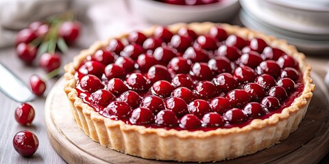 Delicious cherry tart on a wooden board surrounded by fresh cherries with a blurred kitchen background showcasing warm hues and natural light.