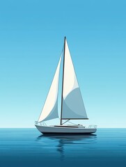 Fototapeta premium A sleek, geometric sailboat gracefully glides through tranquil waters, surrounded by a pristine blue sky, creating a picturesque and serene nautical scene