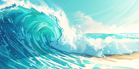 Stylized Illustration of Ocean Wave Breaking on Beach