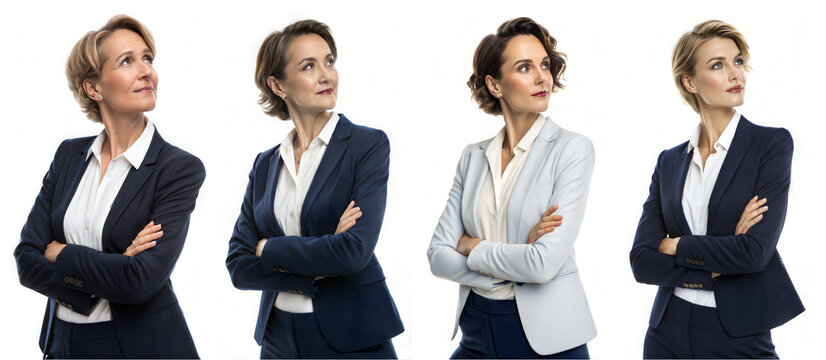 Confident Businesswoman in Various Poses - Professional woman in business attire striking multiple confident poses with arms crossed, showcasing leadership, success, and professionalism.
