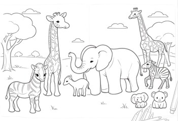 Fototapeta premium Adorable Safari Animals Coloring Page Simple Line Art Design