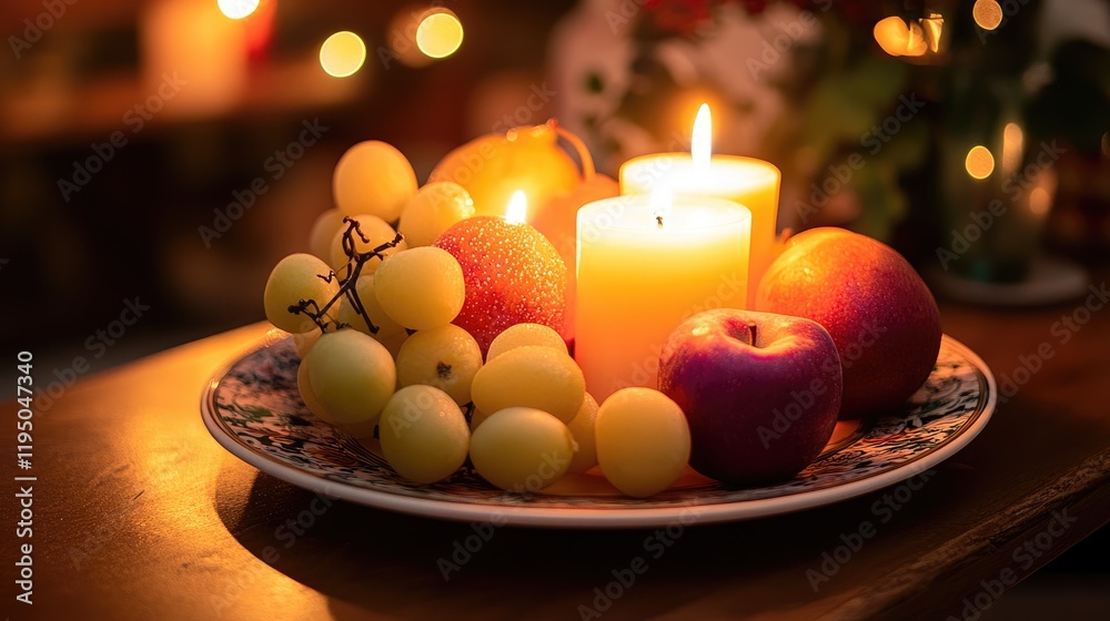 Poster Fresh fruits and candles arranged on a decorative plate, creating a cozy and inviting atmosphere with soft, ambient lighting.
