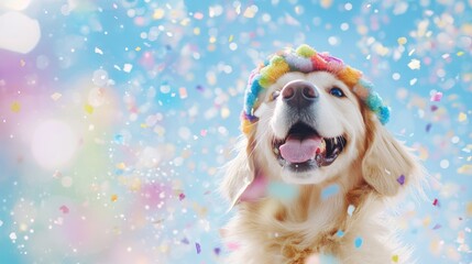 Golden Retriever in Confetti Shower: A joyful Golden Retriever, wearing a colorful yarn headband, is surrounded by a flurry of confetti, creating a vibrant and festive atmosphere.