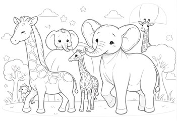 Obraz premium Adorable Baby African Animals Coloring Page Simple Line Art Style