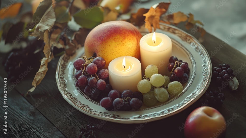 Poster fresh fruits and candles arranged on a decorative plate, creating a cozy and inviting atmosphere wit