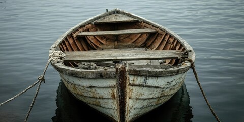 Aged wooden boat bow tied to a pier with mooring lines resting on dark calm water, wooden interior visible, serene atmosphere and muted colors.