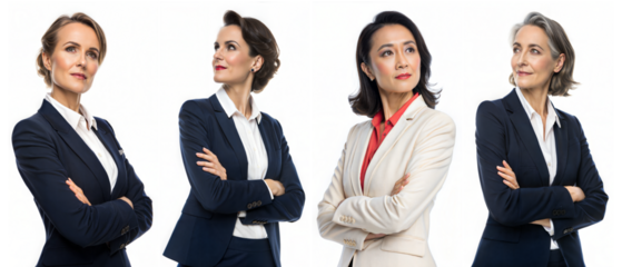 Diverse Businesswomen Posing with Confidence -  Group of confident businesswomen in formal attire striking various powerful poses, symbolizing leadership, professionalism, and diversity in the workpla