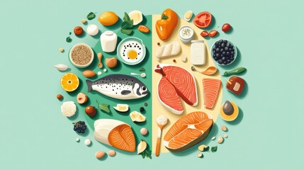 a variety of food on a green background