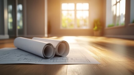 Fototapeta premium New Home Construction Blueprints Unrolled on Hardwood Floor, Bathed in Natural Light.