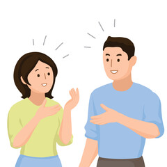 Cartoon people character A man and a woman are chatting and discussing  Asian young woman and man