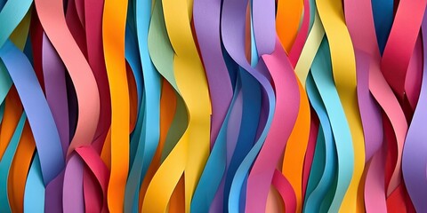 Fototapeta premium Vibrant wavy paper strips in bright colors of blue, pink, orange, yellow, and purple layered horizontally creating a lively abstract background.