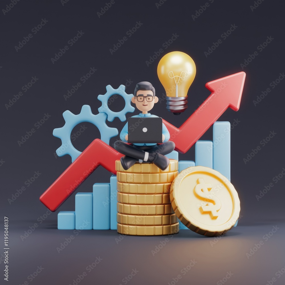 Poster a 3d illustration depicts a person working on a laptop, sitting on a stack of gold coins with a risi