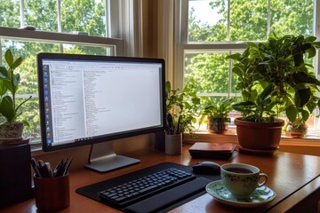 Home Office Workspace with Plants and a Cup of Coffee