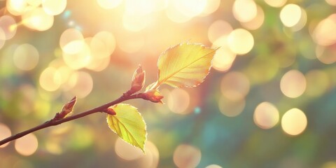 Obraz premium Spring bokeh background with new leaves on a branch illuminated by warm sunlight, featuring yellow and green hues in a blurred nature setting